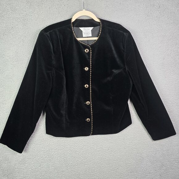 Tan Jay Black Velvet Blazer Gold Trim Metallic Buttons 14 Elegant - Picture 12 of 16